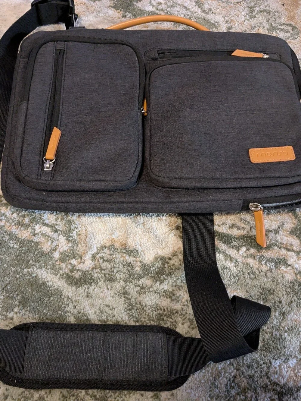 Black Crossbody Messenger Laptop Bag with Tan Accents